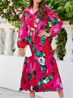 Women's Shirt Dress Casual Dress Midi Dress Outdoor Daily Vacation Polyester Fashion Modern Shirt Collar Button Split Long Sleeve Summer Spring Fall 2023 Loose Fit Red Floral S M L XL 2XL -HANA Luxury Wear Shop yokfnx1689823544767