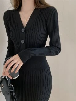 Women‘s Sweater Dress Winter Dress Sheath Dress Midi Dress Black White Green Long Sleeve Pure Color Button Fall Winter Autumn V Neck Stylish Winter Dress Fall Dress 2023 One-Size -HANA Luxury Wear Shop ypemkj1665656616200