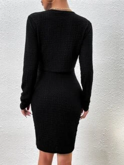 Women's Two Piece Dress Set Casual Dress Sheath Dress Daily Going Out Fashion Streetwear Button Midi Dress Crew Neck Long Sleeve Plain Regular Fit Black Purple Green Fall Winter S M L XL -HANA Luxury Wear Shop ypfuep1693805485747