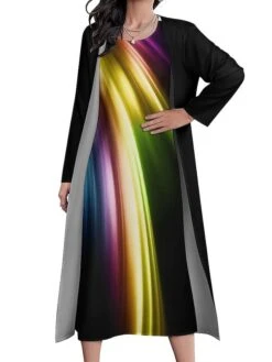 Women's Two Piece Dress Long Dress Maxi Dress Rainbow Long Sleeve Color Block Print Summer Spring Crew Neck Stylish Winter Dress Fall Dress Loose Fit 2023 S M L XL XXL 3XL 4XL 5XL -HANA Luxury Wear Shop yphatp1663573868777
