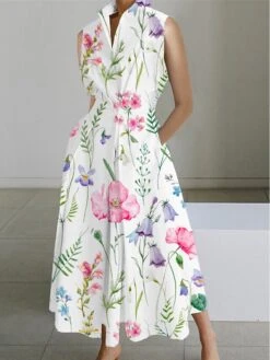 Women's Shirt Dress Casual Dress Maxi Long Dress Outdoor Office Business Polyester Fashion Modern Shirt Collar Button Pocket Sleeveless Summer Spring 2023 Regular Fit White Pink Blue Floral S M L XL -HANA Luxury Wear Shop yplvik1689850638672