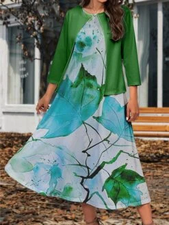 Women's Two Piece Dress Set Casual Dress Swing Dress Outdoor Office Fashion Streetwear Print Midi Dress Crew Neck 3/4 Length Sleeve Leaf Regular Fit Yellow Green Gray Fall Winter S M L XL XXL -HANA Luxury Wear Shop ypokzc1697782997327