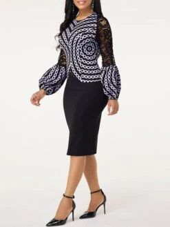 Women's Dress Set Two Piece Dress Skirt Set Knee Length Dress Black Long Sleeve Geometric Split Fall Winter Autumn Crew Neck Elegant Winter Dress Fall Dress Slim 2023 S M L XL 2XL 3XL 4XL 5XL -HANA Luxury Wear Shop yppysn1665490120429