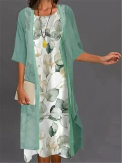 Women's Two Piece Dress Set Casual Dress Print Dress Outdoor Daily Fashion Elegant Print Midi Dress Crew Neck 3/4 Length Sleeve Floral Ombre Loose Fit White Light Green Blue Summer Spring S M L XL XXL -HANA Luxury Wear Shop ypyanh1689736458298