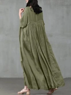Women's Casual Dress Cotton Linen Dress Swing Dress Long Dress Maxi Dress Black Pink Green Short Sleeve Pure Color Ruched Spring Fall Autumn Crew Neck Elegant Vacation Loose Fit 2022 S M L XL XXL 3XL -HANA Luxury Wear Shop yqcxax1629970908770