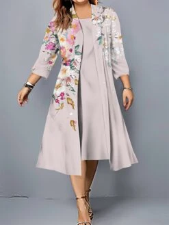 Women's Plus Size Two Piece Dress Set Casual Dress Swing Dress Outdoor Office Fashion Streetwear Print Midi Dress Crew Neck 3/4 Length Sleeve Floral Regular Fit White Pink Dark Pink Fall Winter L XL -HANA Luxury Wear Shop yqgtex1697089228072