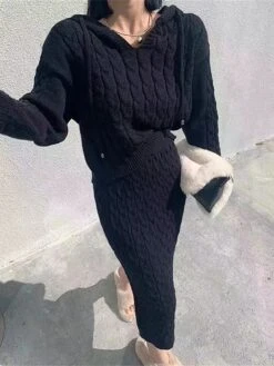 Women's Two Piece Dress Set Casual Dress Skirt Set Outdoor Daily Fashion Streetwear Patchwork Midi Dress Hooded Long Sleeve Plain Loose Fit Black Khaki Apricot Fall Winter One-Size -HANA Luxury Wear Shop yqpkxh1695722090066