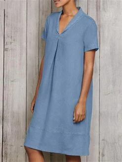 Women's Casual Dress Cotton Linen Dress A Line Dress Midi Dress Linen Cotton Blend Fashion Modern Outdoor Daily Vacation V Neck Ruched Short Sleeve Summer Spring 2023 Loose Fit ArmyGreen Wine Sky Blue -HANA Luxury Wear Shop yqrdrd1678262788733