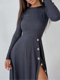 Women's Sweater Dress Winter Dress Jumper Dress Midi Dress Button Split Daily Date Going Out Fashion Basic Crew Neck Long Sleeve 2023 Regular Fit Black Blue Camel Color S M L XL Size -HANA Luxury Wear Shop yqtpis1692357250565