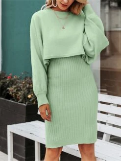 Women's Two Piece Dress Set Casual Dress Skirt Set Daily Going Out Fashion Streetwear Print Mini Dress Crew Neck Long Sleeve Plain Regular Fit Black Yellow Light Green Fall Winter M -HANA Luxury Wear Shop yqxlcn1693295675758
