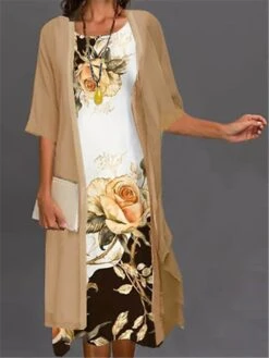 Women's Two Piece Dress Set Casual Dress Print Dress Outdoor Daily Fashion Elegant Print Midi Dress Crew Neck 3/4 Length Sleeve Floral Ombre Loose Fit White Light Green Blue Summer Spring S M L XL XXL -HANA Luxury Wear Shop yrrkav1689736458726