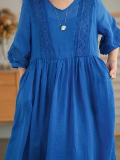 Women's Casual Dress Cotton Linen Dress Swing Dress Midi Dress Cotton Blend Basic Casual Outdoor Daily V Neck Ruched 3/4 Length Sleeve Summer Spring 2023 Loose Fit Black White Yellow Pure Color M L -HANA Luxury Wear Shop yrzank1677135420332