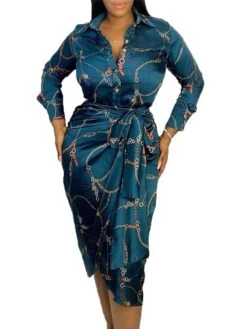 Women's Shirt Dress Sheath Dress Maxi Long Dress Winter Dress Daily Date Polyester Fashion Formal Shirt Collar Lace Up Button Long Sleeve Winter Fall Spring 2022 Slim Green Print S M L XL XXL -HANA Luxury Wear Shop ystxuk1631865785229