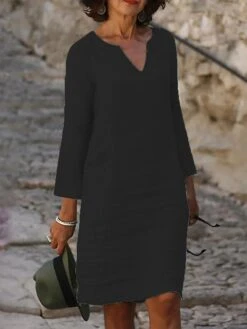 Women's Casual Dress Cotton Linen Dress Shift Dress Midi Dress Cotton Blend Modern Style Modern Outdoor Daily Date Split Neck Button Rolled Cuff 3/4 Length Sleeve Summer Spring Fall 2023 Regular Fit -HANA Luxury Wear Shop ysxjna1689067168716