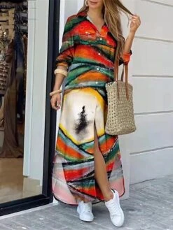 Women's Shirt Dress Casual Dress Maxi Long Dress Outdoor Daily Polyester Fashion Modern Shirt Collar Button Split Long Sleeve Summer Spring Fall 2023 Regular Fit White Wine Red Abstract S M L XL XXL -HANA Luxury Wear Shop ytapzp1689055150937