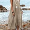 Women's Casual Dress Cotton Dress Swing Dress Maxi Long Dress Cotton Blend Basic Classic Outdoor Daily V Neck Pocket Sleeveless Summer Spring 2023 Regular Fit Black Wine Khaki Plain S M L XL 2XL -HANA Luxury Wear Shop ytmbnj1686713206052