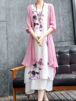 Women's Two Piece Dress Set Casual Dress Print Dress Daily Holiday Fashion Classic Fake Two Piece Print Midi Dress Crew Neck 3/4 Length Sleeve Floral Loose Fit White Pink Red Fall Winter One-Size -HANA Luxury Wear Shop ytmxac1694068746628