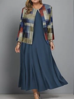 Women's Plus Size Two Piece Dress Set Casual Dress Swing Dress Outdoor Office Fashion Streetwear Print Midi Dress Crew Neck Long Sleeve Plaid Regular Fit Black Blue Brown Fall Winter L XL XXL 3XL 4XL -HANA Luxury Wear Shop ytopia1697681150977