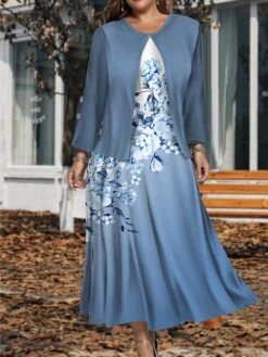 Women's Plus Size Two Piece Dress Set Casual Dress Swing Dress Outdoor Office Fashion Streetwear Print Midi Dress Crew Neck Long Sleeve Floral Ombre Regular Fit Blue Purple Green Fall Winter L XL XXL -HANA Luxury Wear Shop ytvakb1697784943875