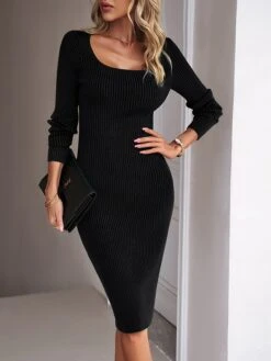 Women's Sweater Dress Jumper Dress Casual Dress Midi Dress Fashion Pure Color Outdoor Daily Vacation Going Out Crew Neck Long Sleeve Patchwork 2023 Slim Black Blue Green S M L XL -HANA Luxury Wear Shop yubyhz1694426975527