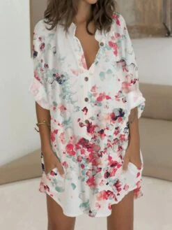 Women's Shirt Dress Casual Dress Shift Dress Mini Dress Outdoor Date Vacation Polyester Fashion Modern V Neck Button Pocket 3/4 Length Sleeve Summer Spring 2023 Regular Fit White Yellow Red Graphic -HANA Luxury Wear Shop yufidx1676969566333