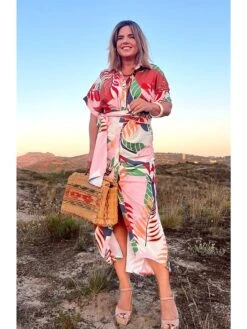 Women's Shirt Dress Casual Dress Maxi Long Dress Outdoor Daily Vacation Polyester Hot Casual Shirt Collar Lace Up Print Short Sleeve Summer Spring 2023 Regular Fit Pink Purple Green Flower S M L XL -HANA Luxury Wear Shop yujics1692087496176