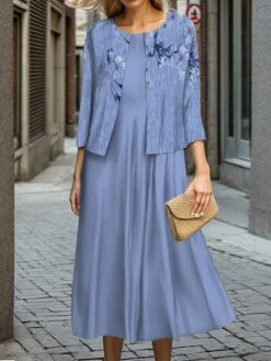 Women's Two Piece Dress Set Casual Dress Swing Dress Outdoor Office Fashion Streetwear Print Midi Dress Crew Neck 3/4 Length Sleeve Floral Regular Fit Blue Purple Green Fall Winter S M L XL XXL -HANA Luxury Wear Shop yunzko1697524427282