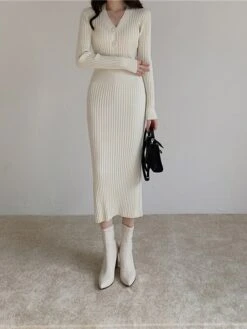 Women‘s Sweater Dress Winter Dress Sheath Dress Midi Dress Black White Green Long Sleeve Pure Color Button Fall Winter Autumn V Neck Stylish Winter Dress Fall Dress 2023 One-Size -HANA Luxury Wear Shop yutgbv1665656617395