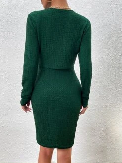 Women's Two Piece Dress Set Casual Dress Sheath Dress Daily Going Out Fashion Streetwear Button Midi Dress Crew Neck Long Sleeve Plain Regular Fit Black Purple Green Fall Winter S M L XL -HANA Luxury Wear Shop yutnty1693805488186