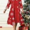 Women's Plus Size Two Piece Dress Set Casual Dress Swing Dress Outdoor Office Fashion Streetwear Print Midi Dress Crew Neck 3/4 Length Sleeve Geometric Deer Regular Fit White Wine Red Fall Winter L -HANA Luxury Wear Shop yuymgx1696907467175