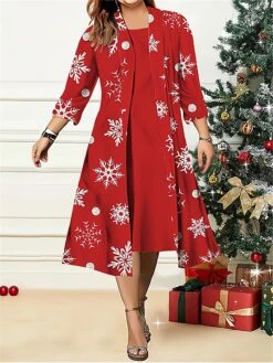Women's Plus Size Two Piece Dress Set Casual Dress Swing Dress Outdoor Office Fashion Streetwear Print Midi Dress Crew Neck 3/4 Length Sleeve Geometric Deer Regular Fit White Wine Red Fall Winter L