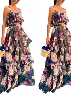 Women's Dress Set Two Piece Dress Skirt Set Long Dress Maxi Dress Photo Color Sleeveless Floral Layered Summer Spring Cold Shoulder Vacation 2023 S M L XL XXL -HANA Luxury Wear Shop yuzypz1648031148277
