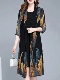 Women's Two Piece Dress Set Casual Dress Print Dress Daily Going Out Streetwear Elegant Print Midi Dress Crew Neck 3/4 Length Sleeve Graphic Regular Fit Black Spring Fall M L XL XXL 3XL -HANA Luxury Wear Shop yvprfi1695636184010