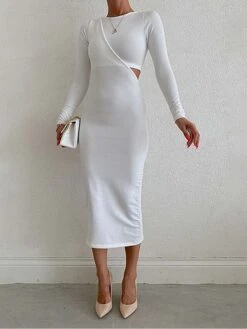 Women's Sweater Dress Jumper Dress Casual Dress Long Dress Maxi Dress Active Pure Color Outdoor Casual Holiday Vacation Crew Neck Long Sleeve Cut Out 2023 Slim White Apricot S M L XL -HANA Luxury Wear Shop yvsncf1694426956481