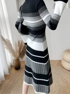 Women's Sweater Dress Winter Dress Jumper Dress Midi Dress Warm Color Block Stripe Outdoor Daily Going Out Crew Neck Long Sleeve 2023 Loose Fit Black Blue S M L XL -HANA Luxury Wear Shop yvtwld1696926583575