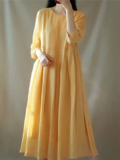 Women's Casual Dress Cotton Linen Dress Swing Dress Midi Dress Cotton Blend Basic Casual Outdoor Daily Vacation Crew Neck Ruched Pocket 3/4 Length Sleeve Summer Spring 2023 Loose Fit Yellow Gray Plain -HANA Luxury Wear Shop yvyiae1676368697926