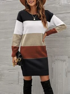 Women's Sweater Dress Winter Dress Jumper Dress Mini Dress Fashion Color Block Stripe Daily Date Going Out Weekend Crew Neck Long Sleeve Patchwork Ribbed 2023 Loose Fit Black Blue Green S M L XL -HANA Luxury Wear Shop ywccnp1694595937825