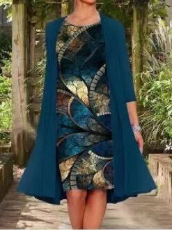 Women's Two Piece Dress Casual Dress Dress Set Shift Dress Knee Length Dress Navy Blue Blue Lavender Long Sleeve Layered Fall Autumn Crew Neck Elegant Fall Dress 2023 M L XL XXL XXXL 4XL 5XL -HANA Luxury Wear Shop ywmqli1629113664178