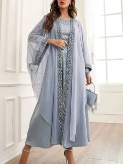 Women's Two Piece Dress Set Party Dress Sheath Dress Party Wedding Guest Fashion Party Embroidered Long Dress Maxi Dress Crew Neck Long Sleeve Print Regular Fit Gray Fall Winter S M L XL -HANA Luxury Wear Shop yxasuz1695105969729