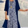Women's Two Piece Dress Set Casual Dress Print Dress Outdoor Daily Fashion Elegant Print Midi Dress Crew Neck 3/4 Length Sleeve Floral Regular Fit Navy Blue Green Gray Summer Spring S M L XL XXL