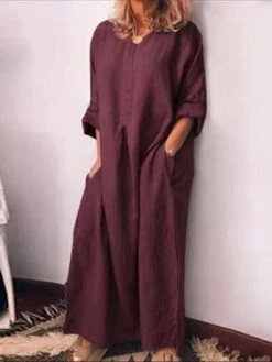 Women's Casual Dress Cotton Linen Dress Shift Dress Maxi Long Dress Bamboo Fashion Modern Outdoor Daily Vacation Crew Neck Pocket Long Sleeve Summer Spring Fall 2023 Regular Fit Black Yellow Wine -HANA Luxury Wear Shop yxnkfr1682673906791