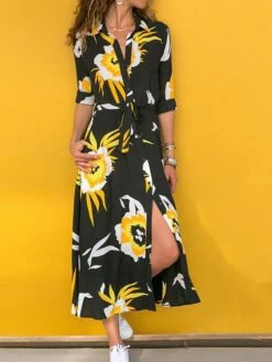 Women's Shirt Dress Casual Dress Tunic Dress Midi Dress Outdoor Daily Date Polyester Basic Classic Shirt Collar Button Tie Belt 3/4 Length Sleeve Spring Fall Winter 2023 Loose Fit Black Blue Green -HANA Luxury Wear Shop yxruve1693390905859