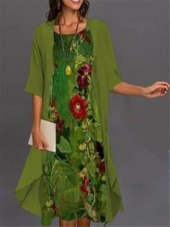 Women's Two Piece Dress Set Casual Dress Print Dress Outdoor Daily Fashion Elegant Print Midi Dress Crew Neck 3/4 Length Sleeve Floral Geometric Loose Fit Black Royal Blue Blue Summer Spring S M L XL -HANA Luxury Wear Shop yxtgwx1688725814323