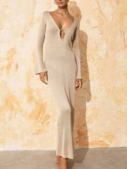 Women's Sweater Dress Winter Dress Jumper Dress Long Dress Maxi Dress Backless Hollow Out Outdoor Daily Date Active Fashion V Neck Long Sleeve 2023 Regular Fit Black Khaki Color S M L Size -HANA Luxury Wear Shop yxwafz1692696051648