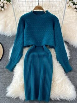 Women's Two Piece Dress Set Casual Dress Sheath Dress Outdoor Daily Fashion Streetwear Ruched Midi Dress Crew Neck Long Sleeve Plain Loose Fit Black White Wine Fall Winter One-Size -HANA Luxury Wear Shop yxxvrh1694057146436