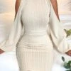 Women's Sweater Dress Winter Dress Jumper Dress Mini Dress Cold Shoulder Party Date Going Out Fashion Elegant Stand Collar Long Sleeve 2023 Slim Beige Color S M L XL Size -HANA Luxury Wear Shop yyesim1694431358151