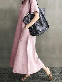 Women's Linen Dress Shift Dress Midi Dress Black Pink Apricot Short Sleeve Pure Color Pocket Summer Spring Fall Crew Neck Basic Loose Fit 2023 M L XL 2XL 3XL 4XL 5XL -HANA Luxury Wear Shop yyvjqr1659356759044