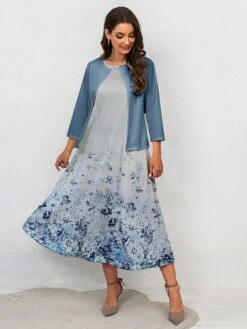 Women's Two Piece Dress Set Casual Dress Swing Dress Outdoor Office Fashion Streetwear Print Midi Dress Crew Neck 3/4 Length Sleeve Floral Regular Fit Navy Blue Royal Blue Blue Fall Winter S M L XL -HANA Luxury Wear Shop yzcifl1697770547698