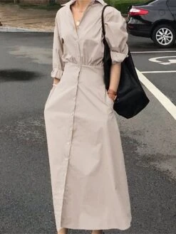 Women's Shirt Dress Casual Dress Work Dress Maxi Long Dress Outdoor Daily Cotton Basic Classic Shirt Collar Button Long Sleeve Summer Spring Fall 2023 Loose Fit Black Sky Blue Khaki Pure Color S M L -HANA Luxury Wear Shop yzvypq1690445255269