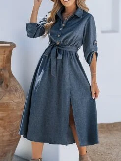 Women's Shirt Dress Casual Dress Midi Dress Outdoor Daily Date Polyester Basic Classic Shirt Collar Lace Up Button Long Sleeve Spring Fall Winter 2023 Loose Fit Navy Blue Pure Color S M L XL -HANA Luxury Wear Shop yzxqob1692180018659